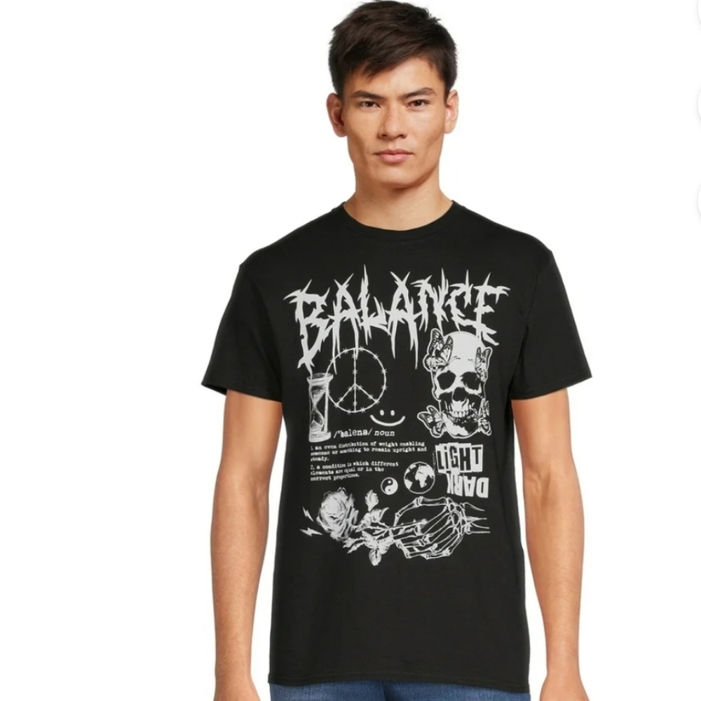 Men's ODM Balance Skull Gothic Black T- Shirt 100% Cotton Size Large